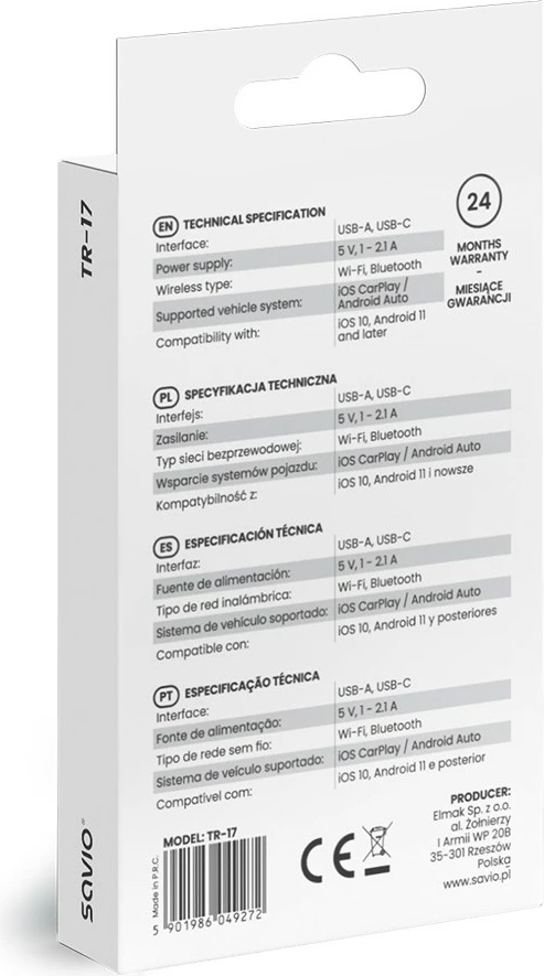 Adapter wireless për CarPlay & Android Auto Savio TR-17, i zi