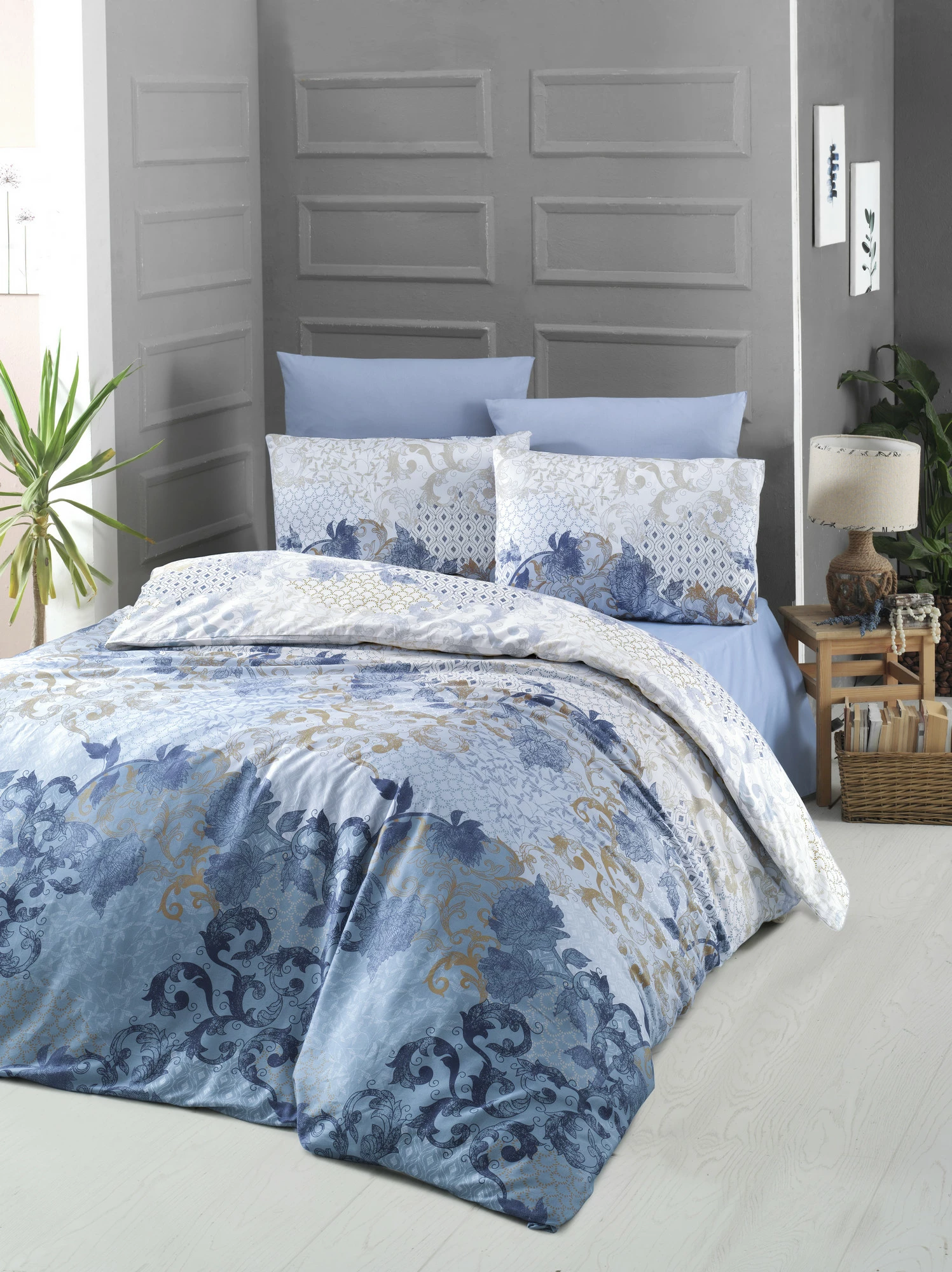 Set mbulesë për jorgan king satin, L'essentiel, Nerissa, blu, bardhë, kafe
