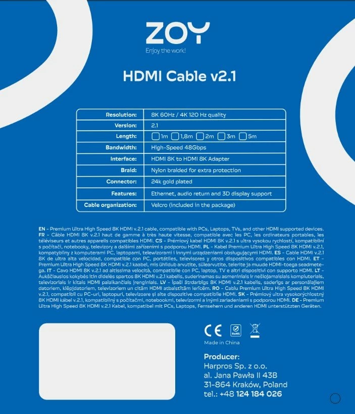 Kabllo HDMI ZOY ZCH3, 3m, HDMI 2.1, 8K 60Hz / 4K 120Hz, 48Gbps, e thurur nylon, konektorë të veshur me ar, e zezë