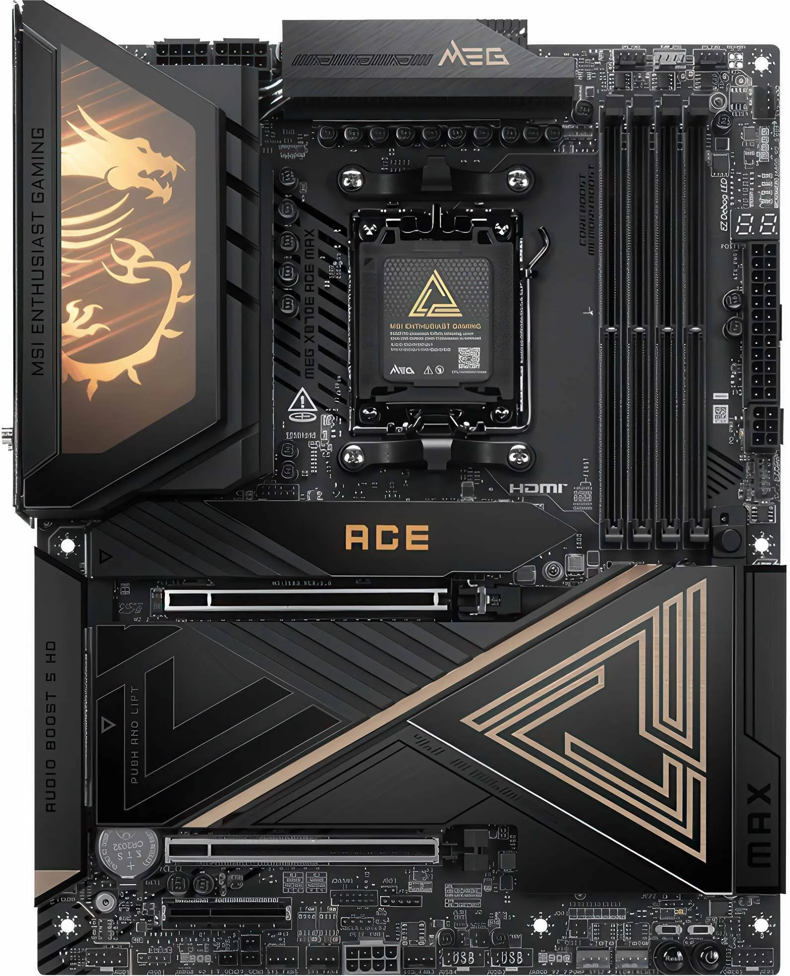 Pllakë amë MSI MEG X870E ACE MAX, AMD X870E, ATX, DDR5 deri 256GB, Wi‑Fi 7, USB4, e zezë/ari