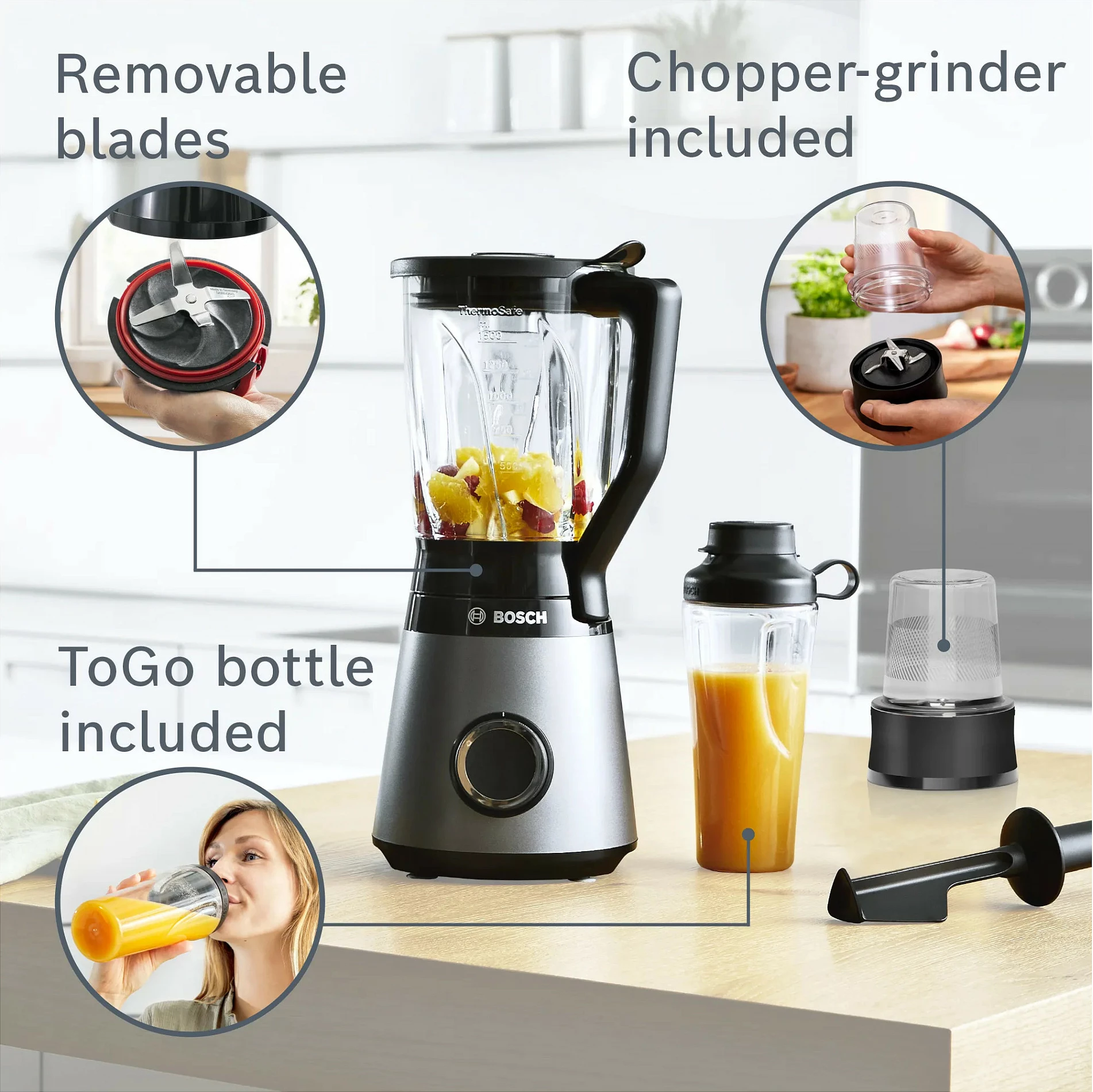 Blender tavoline Bosch Serie 4 MMB6177S, 1.5L, 1200W, i zi/argjendtë