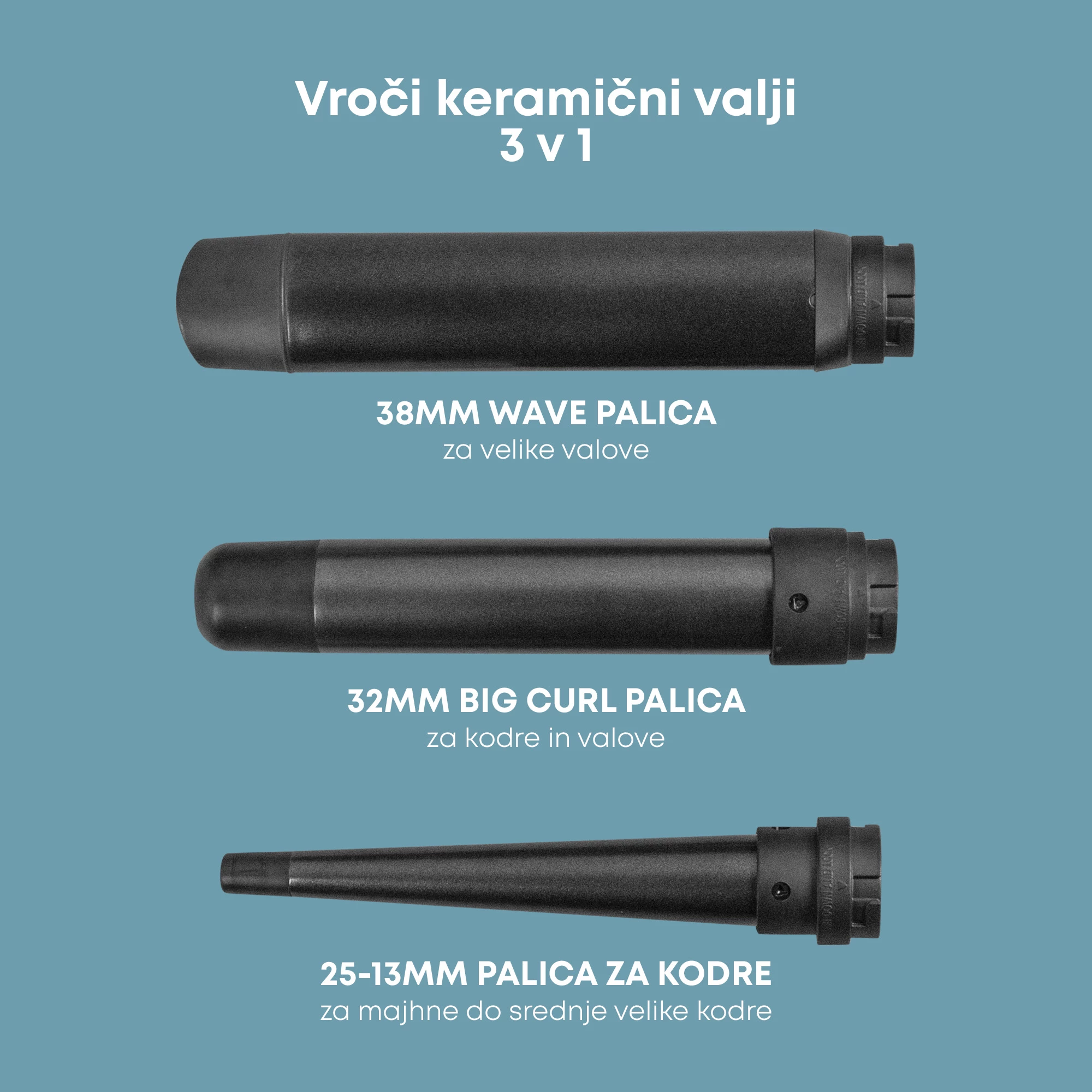 Hekur për kaçurrela Revamp Progloss Multiform WD-1500 3në1, 120–210°C, i zi/gri, set me 3 cilindra