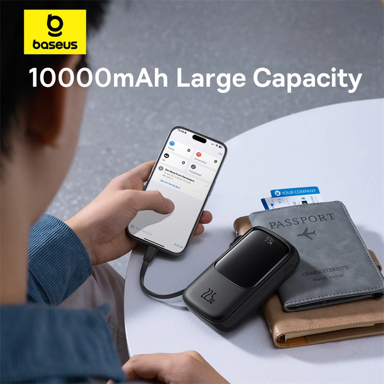Powerbank Baseus QPow Pro+ 10000mAh, 22.5W, me kabllo USB-C të integruar dhe ekran, e zezë