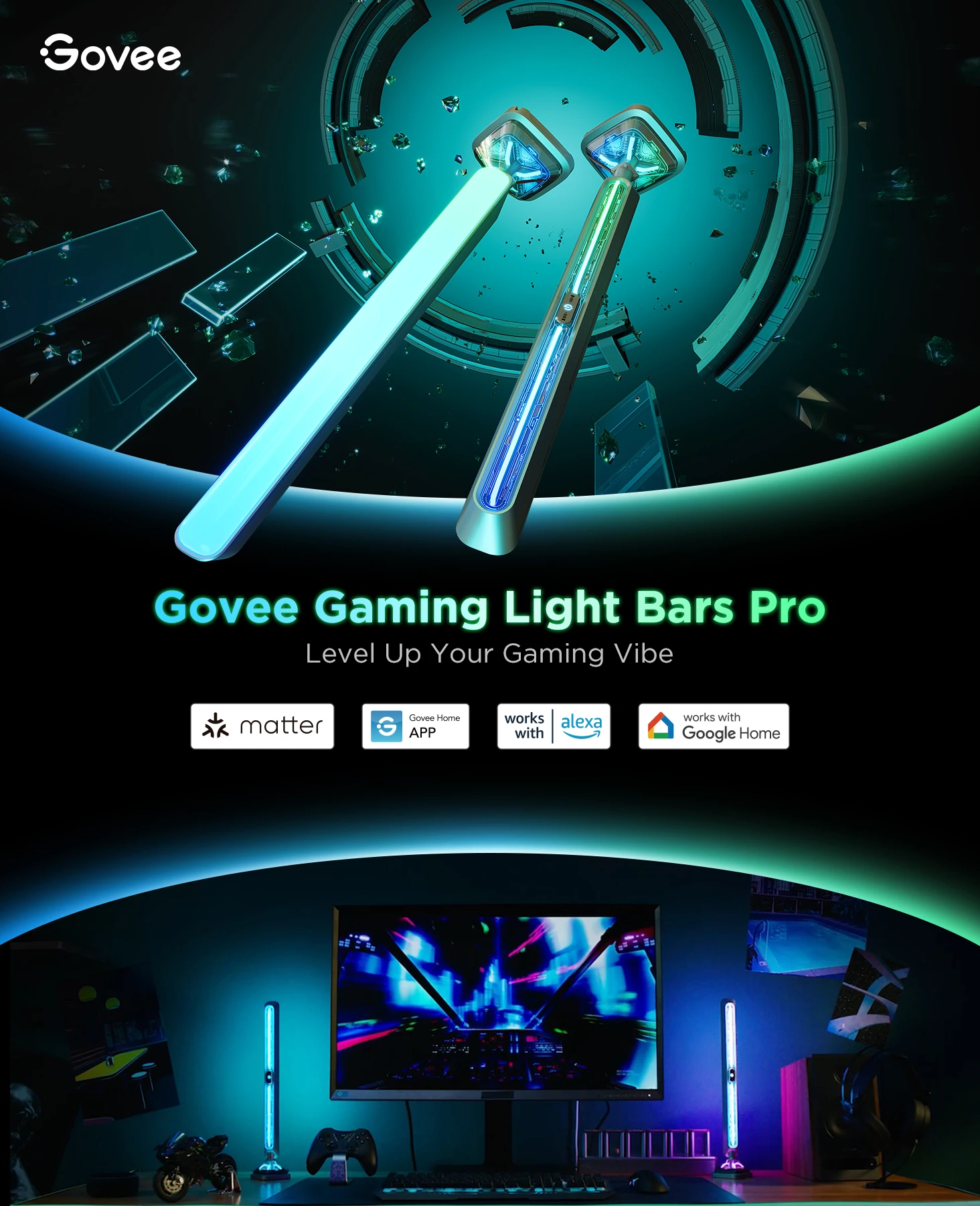 Set shufra ndriçimi smart gaming Govee Smart Gaming Lights Pro RGBIC Wi‑Fi/Bluetooth Matter 2 copë
