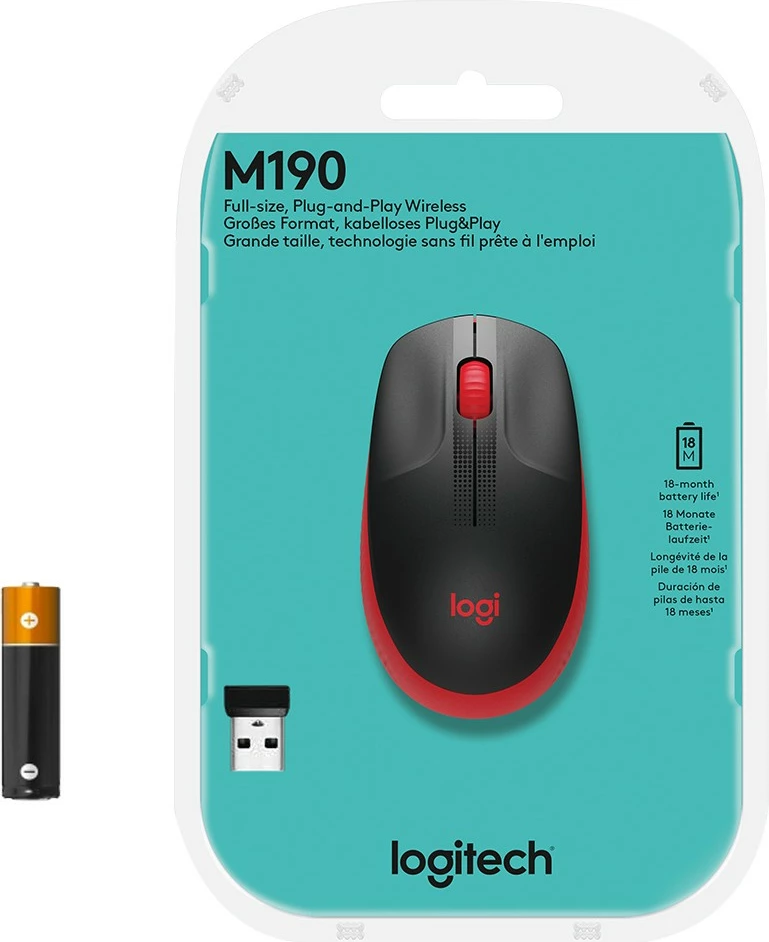 Maus Logitech M190, Wireless, 1000 DPI, i zi, i kuq