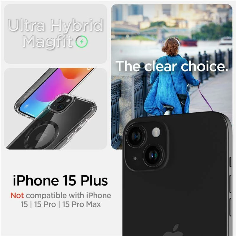 Mbështjellës Spigen Ultra Hybrid MagSafe për iPhone 15 Plus, Transparent/Gri (carbon)