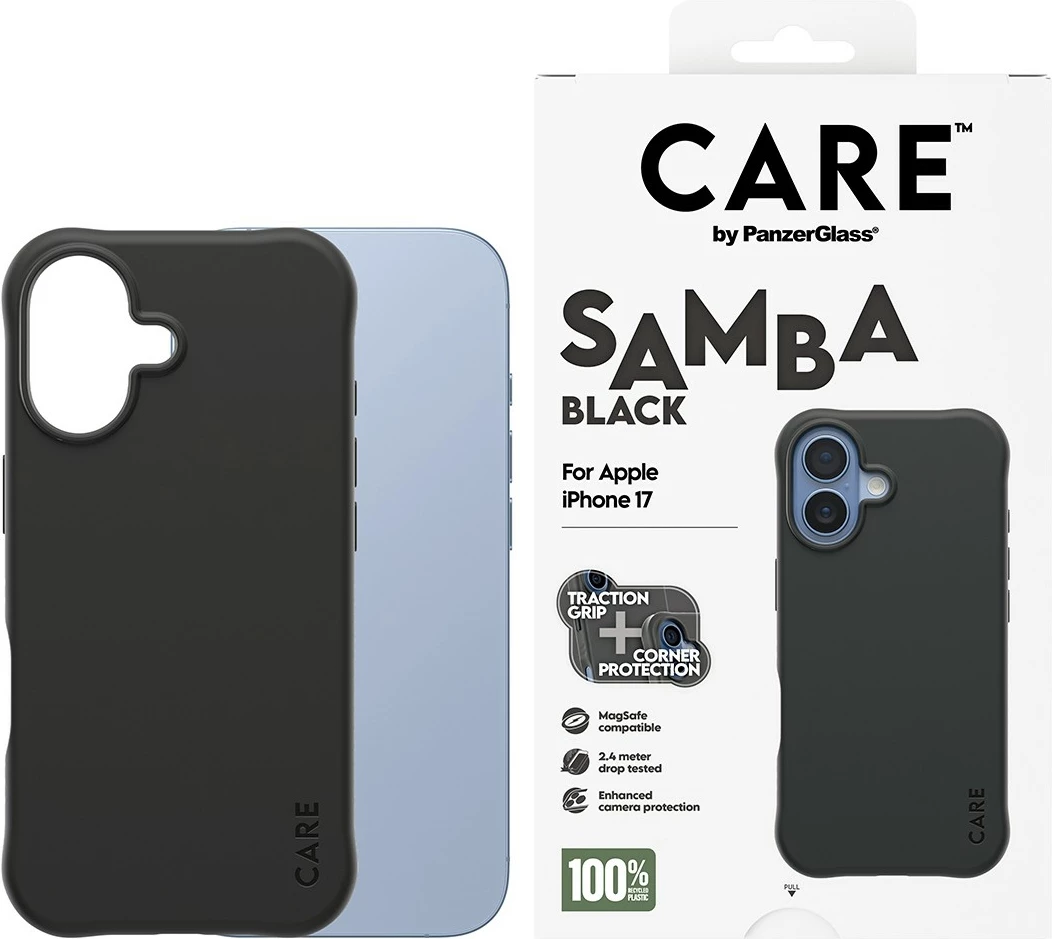 Mbështjellës PanzerGlass CARE fashionable Samba MagSafe për iPhone 17, i zi