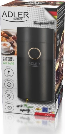 Bluarëse kafeje elektrike, Adler AD 4446, 150 W, 75 g, enë metalike, kapak transparent, e zezë me të artë