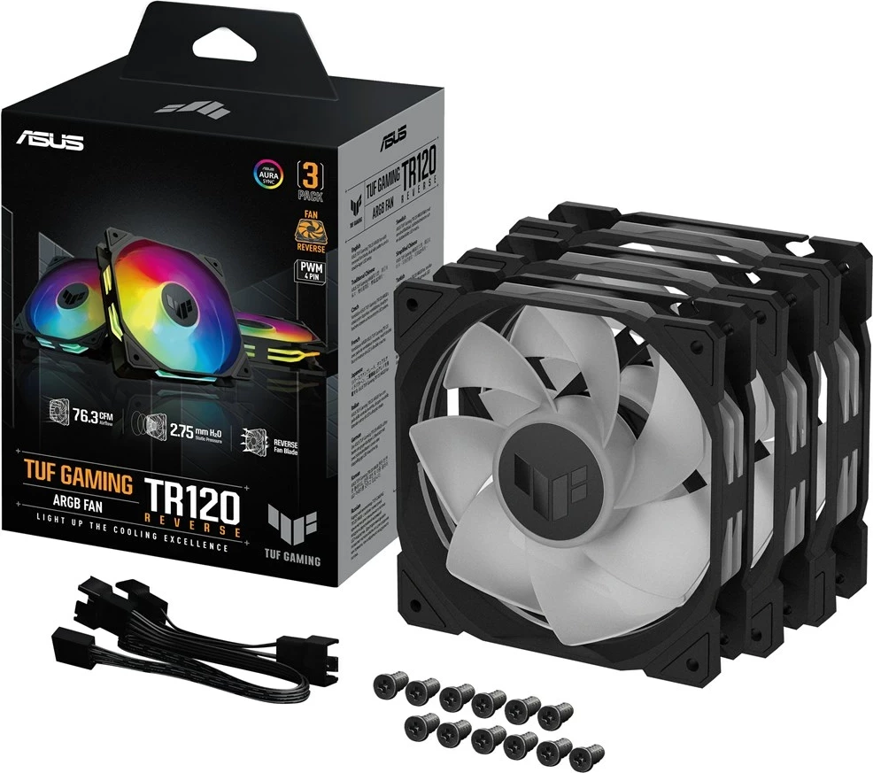 Ventilatorë ASUS TUF Gaming TR120 ARGB Reverse, set treshe, 12 cm, Ngjyrë e zezë