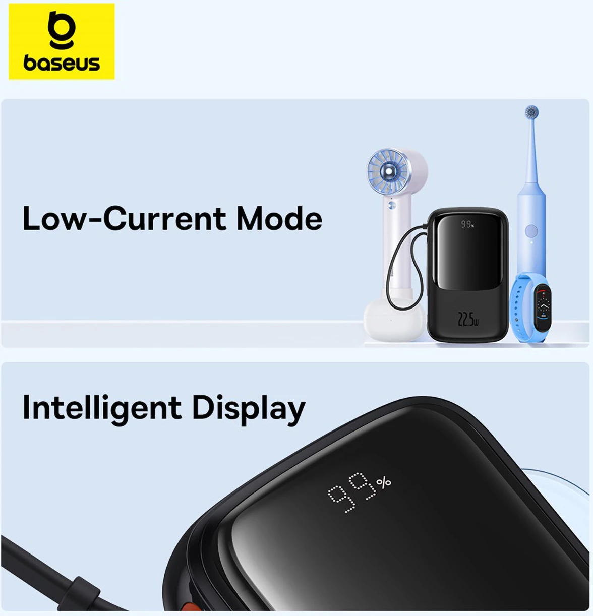 Powerbank Baseus QPow Pro+ 10000mAh, 22.5W, me kabllo USB-C të integruar dhe ekran, e zezë