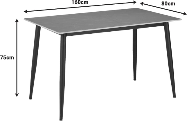 Tavolinë për ngrënie Gustas, gur i sinterizuar, ngjyrë mermeri gri-metal i zi, 160x80x75cm