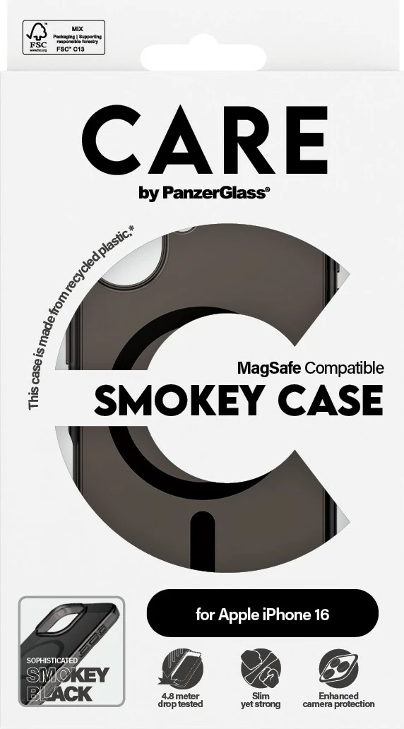 Mbështjellës PanzerGlass CARE Case Flagship Smokey MagSAFE për iPhone 16, zi