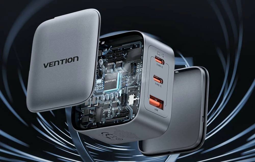Karikues Vention GaN FEXH0-EU 70W me 2x USB-C + 1x USB-A, gri