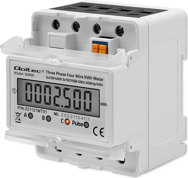 Matës trefazor i energjisë Qoltec 50900, LCD, montim në shinë DIN, Gri