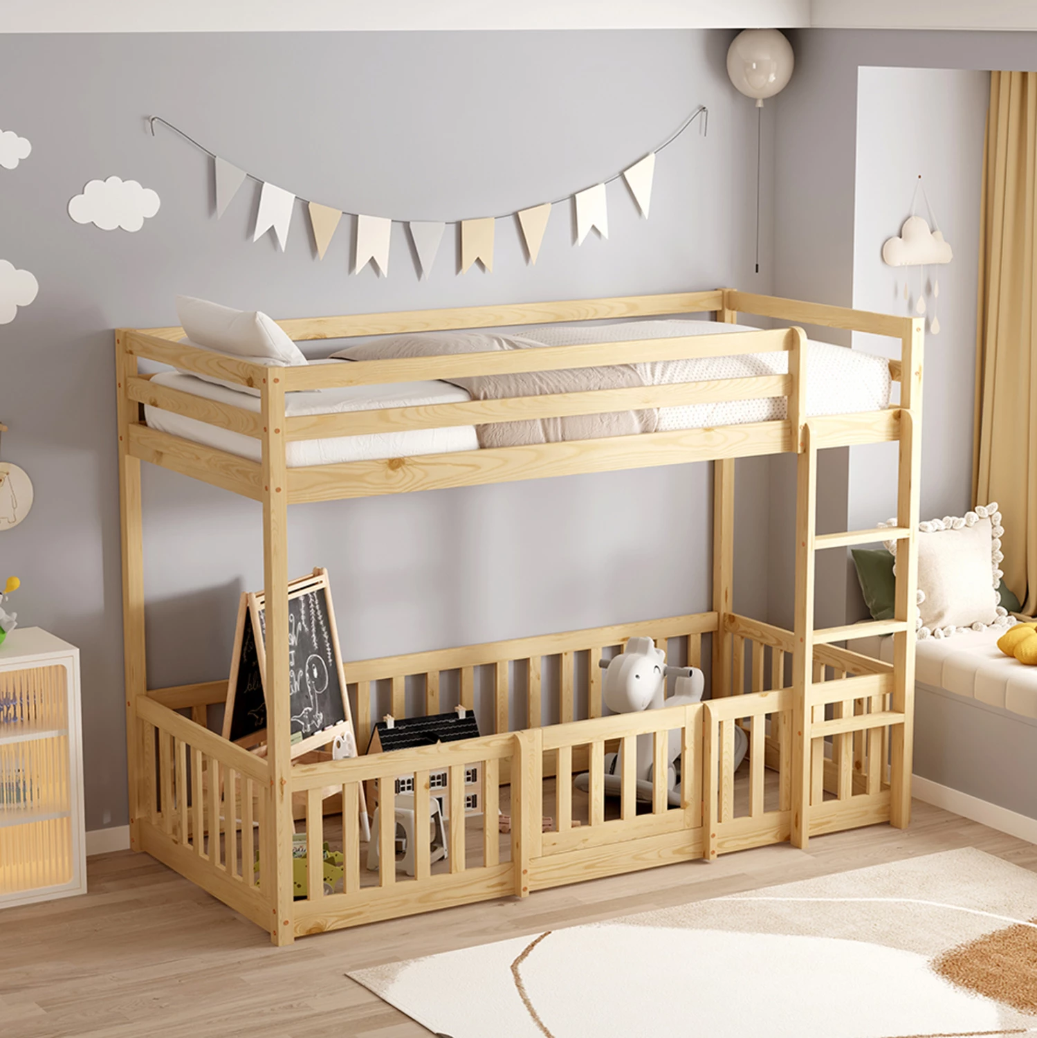 Krevat marinari për fëmijë Montessori PLAYKID me park lojërash, dru pishe natyral, FH703.01, 190x90cm