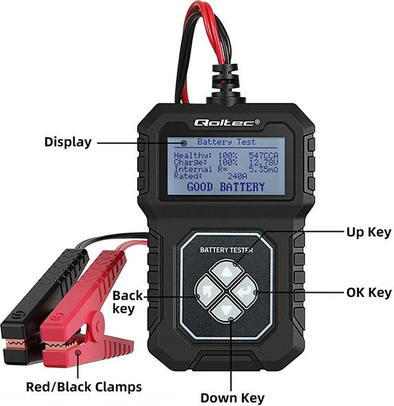 Tester baterie Qoltec 50686, dixhital, LCD, për makina, 12V, 30-220Ah, i zi