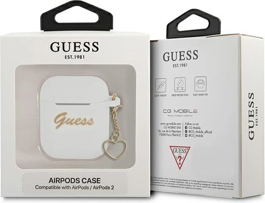 Mbështjellës Guess për AirPods 1/2, Charm Heart Collection, silikon, Bardhë