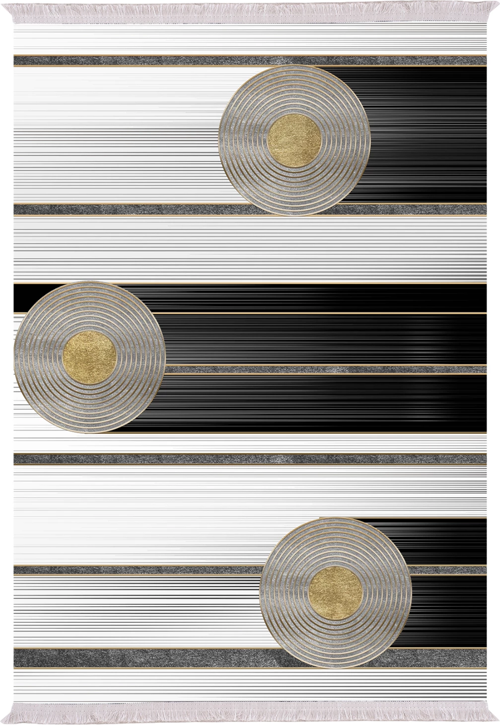 Qilim për dhomë ndeje me franja, ngjyrë bardhë-zi-ari, 80x150cm, FH7676.24