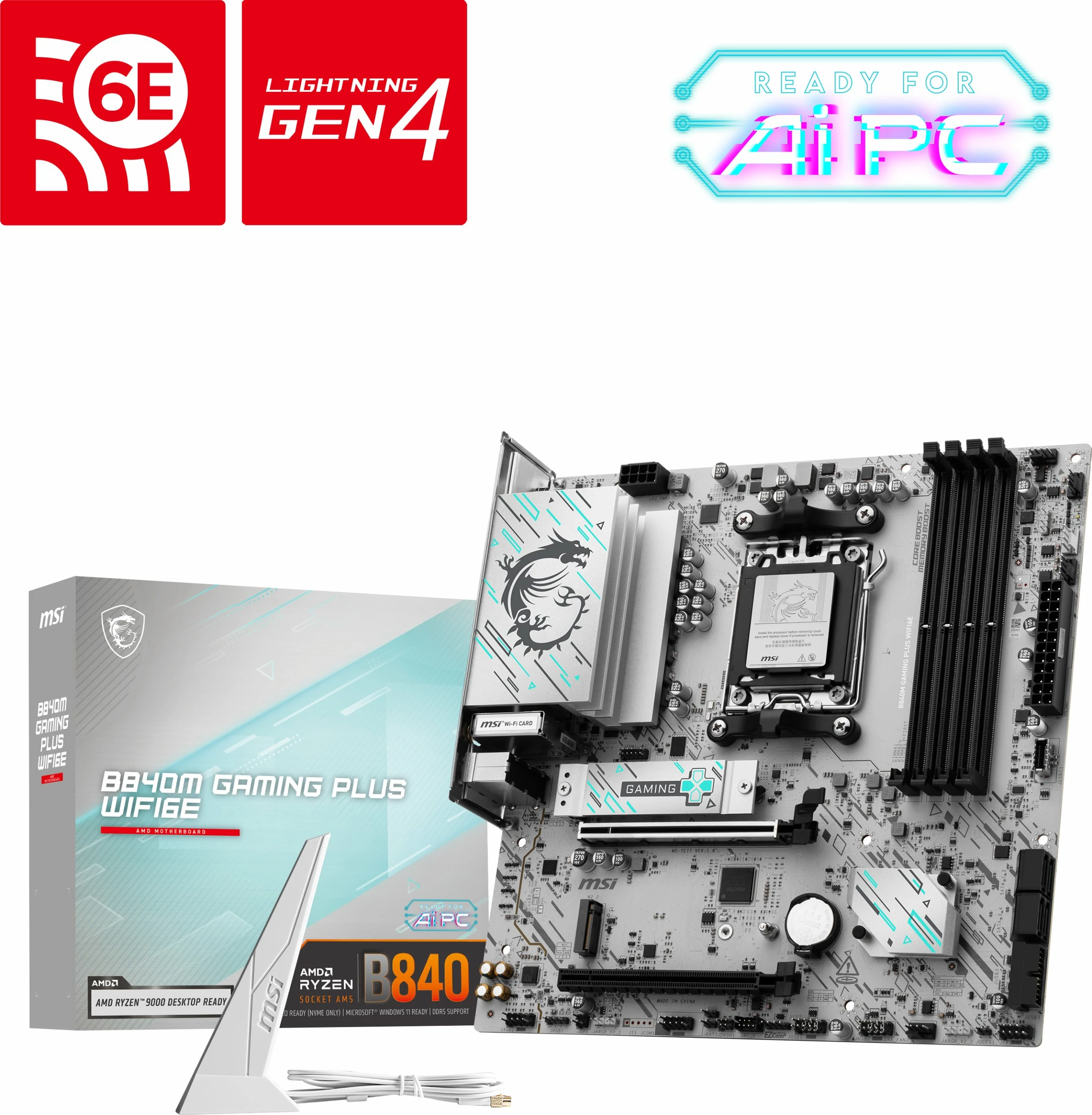 Pllakë amë MSI B840M GAMING PLUS WIFI6E AM5 Micro-ATX DDR5 Wi‑Fi 6E Bardhë/Gri