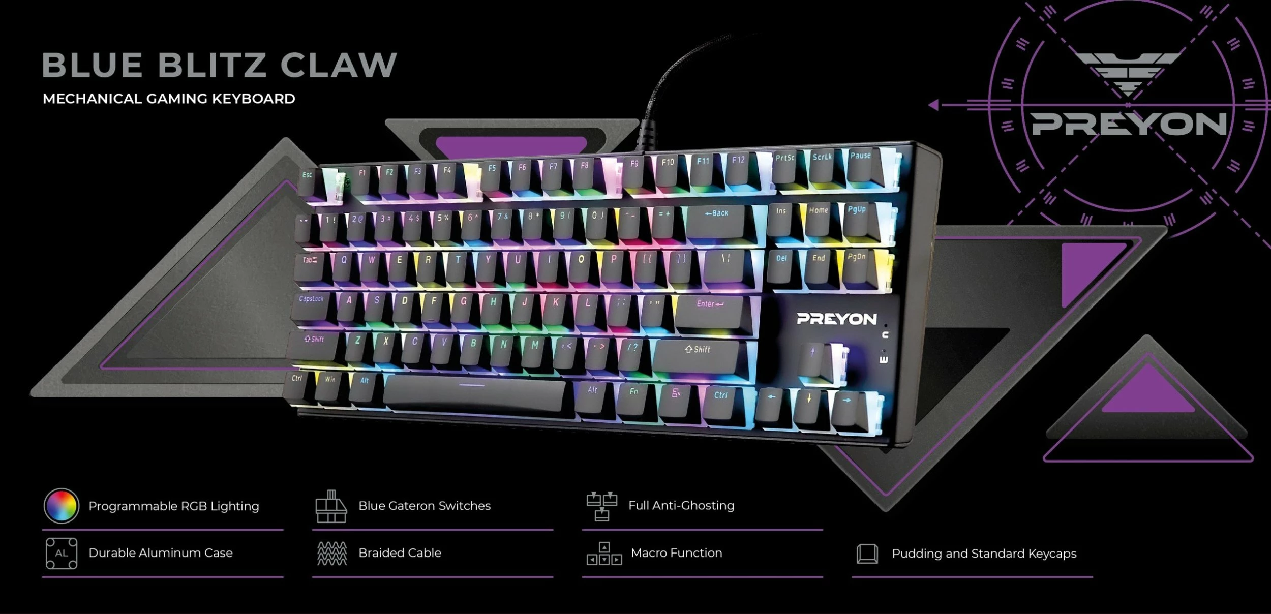 Tastierë mekanike gaming PREYON Blue Blitz Claw PBBC87B, TKL 80%, Gateron Blue, RGB, USB, e zezë, set me keycaps shtesë