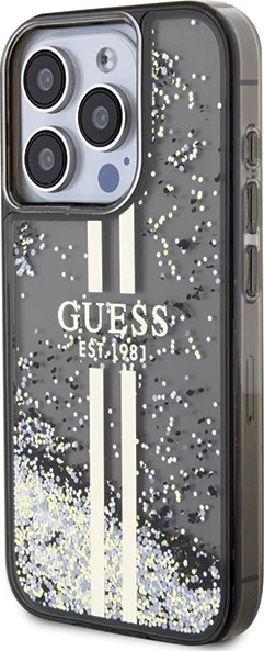 Mbështjellës Guess Liquid Glitter Gold Stripes për iPhone 15 Pro, i zi