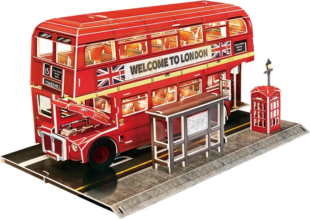Puzzle 3D Cubic Fun London Bus me ndriçim LED, 161 pjesë, e kuqe