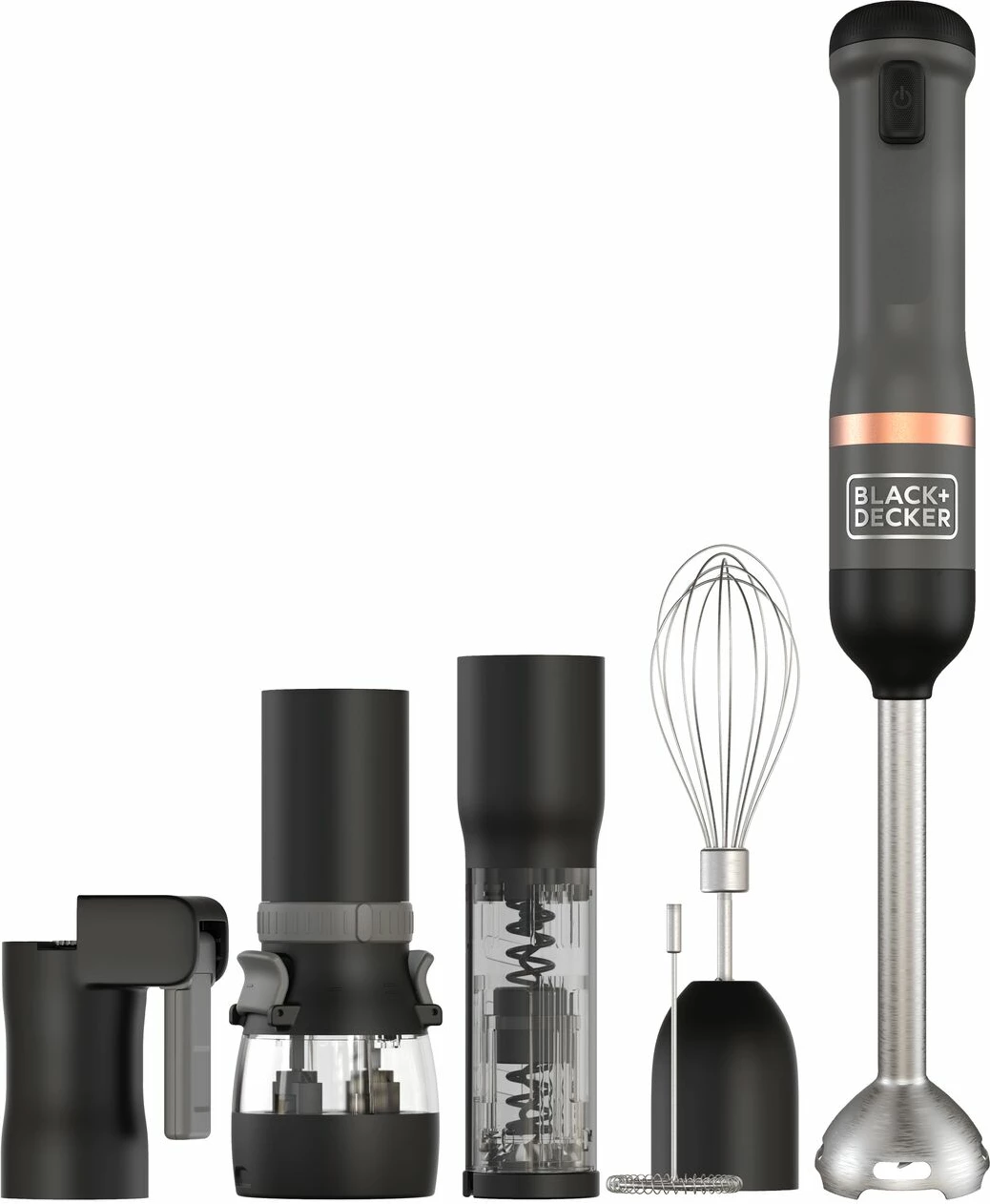 Blender dore pa kabllo Black&Decker BCKM1016KSG 7.2V 2Ah Li-Ion, 5 shpejtësi, 6 shtojca, set me gotë 700 ml, gri