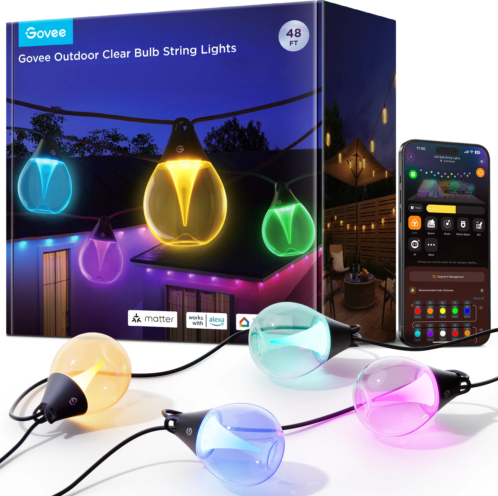 Varg dritash LED smart për jashtë Govee Outdoor Clear Bulb String Lights 48 ft (14.6 m) RGBWIC 1200 lm, transparente