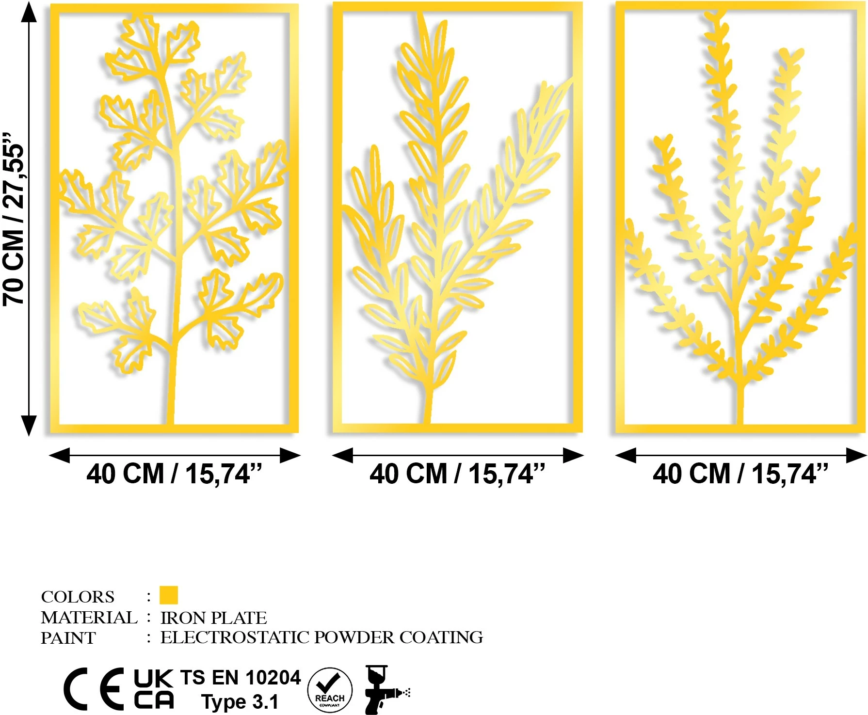 Aksesor dekorativ metalik për mur Wallity, lule të arta, set prej 3 copësh