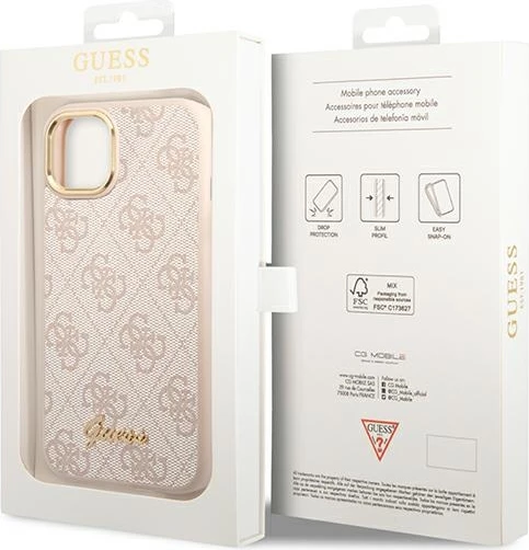 Mbështjellës Guess 4G Vintage Gold Logo për iPhone 14, Rozë