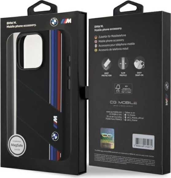 Mbështjellës BMW Silicone Cut Tricolor Lines MagSafe për iPhone 16 Pro, Zi