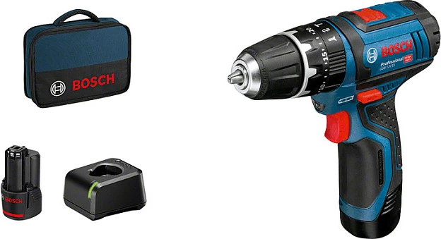 Shpuese Bosch GSB 12V-15 Professional, 12V, 2 bateri, 1.9cm, zi/blu