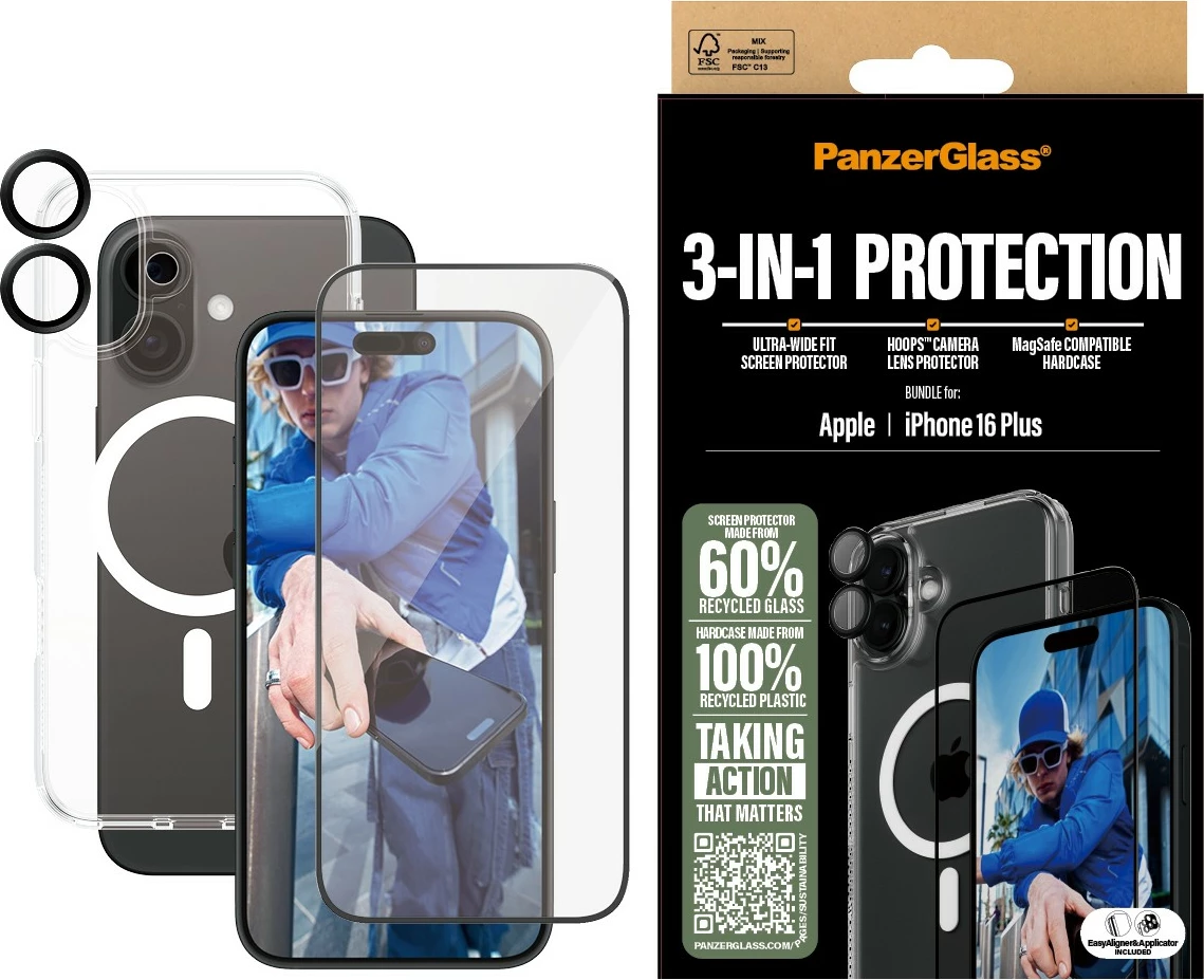 Mbështjellës PanzerGlass për iPhone 16 Plus, 3-në-1, transparent