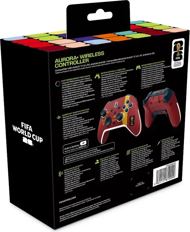 Kontroller wireless gaming DragonShock Aurora+ FIFA World Cup 26, për Switch/Switch OLED/Switch 2/PC/Mobile, 800 mAh, RGB, kuqe/verdhe (Spain)
