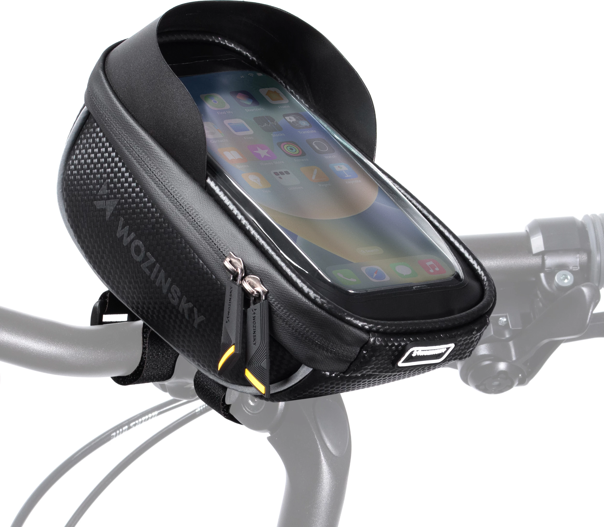 Çantë timoni për biçikletë Wozinsky WBB16BK me mbështjellës telefoni, 1L, e zezë