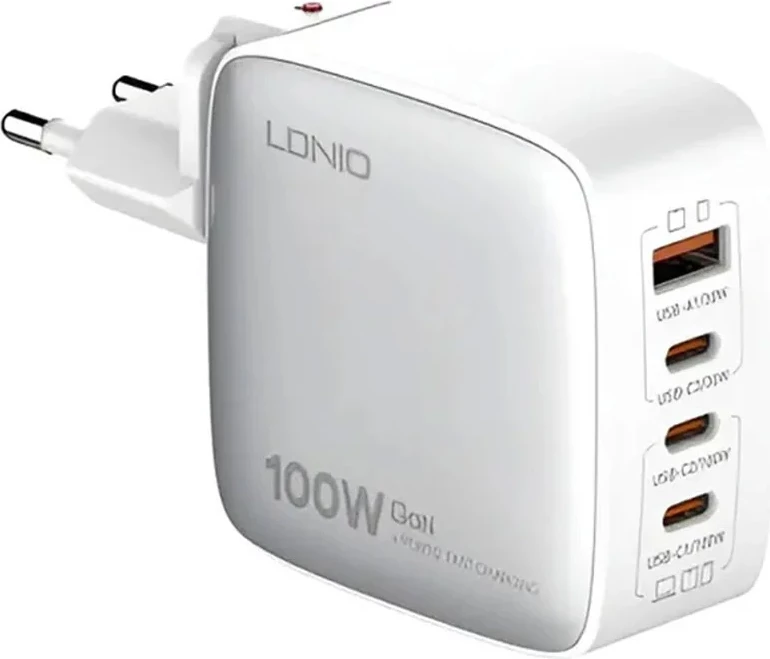 Karikues GaN LDNIO Q408 100W, 4 porte (1x USB-A + 3x USB-C), prizë universale, i bardhë