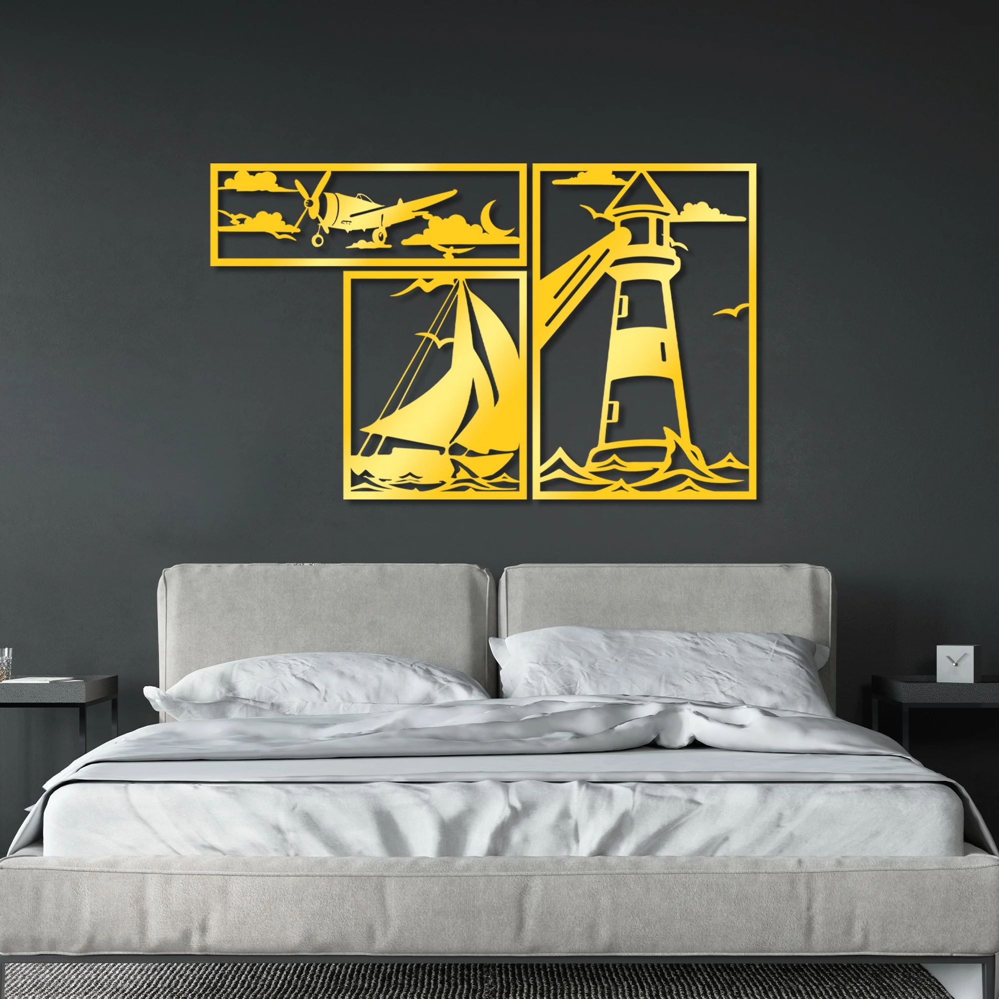 Aksesor dekorativ metalik për mur Wallity, set me tre pjesë, ngjyrë ari, Lighthouse Trio G