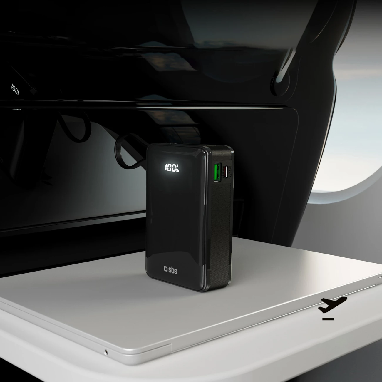 Powerbank SBS 20000 mAh 20W me kabllo USB-C të integruar dhe ekran digjital, e zezë