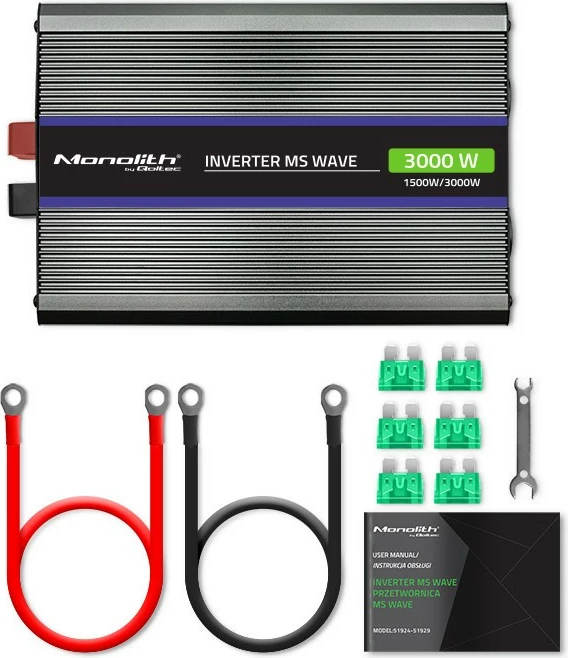 Konvertues voltazhi Qoltec Monolith 3000 MS Wave, 12V në 230V, 1500/3000W, USB, Zi