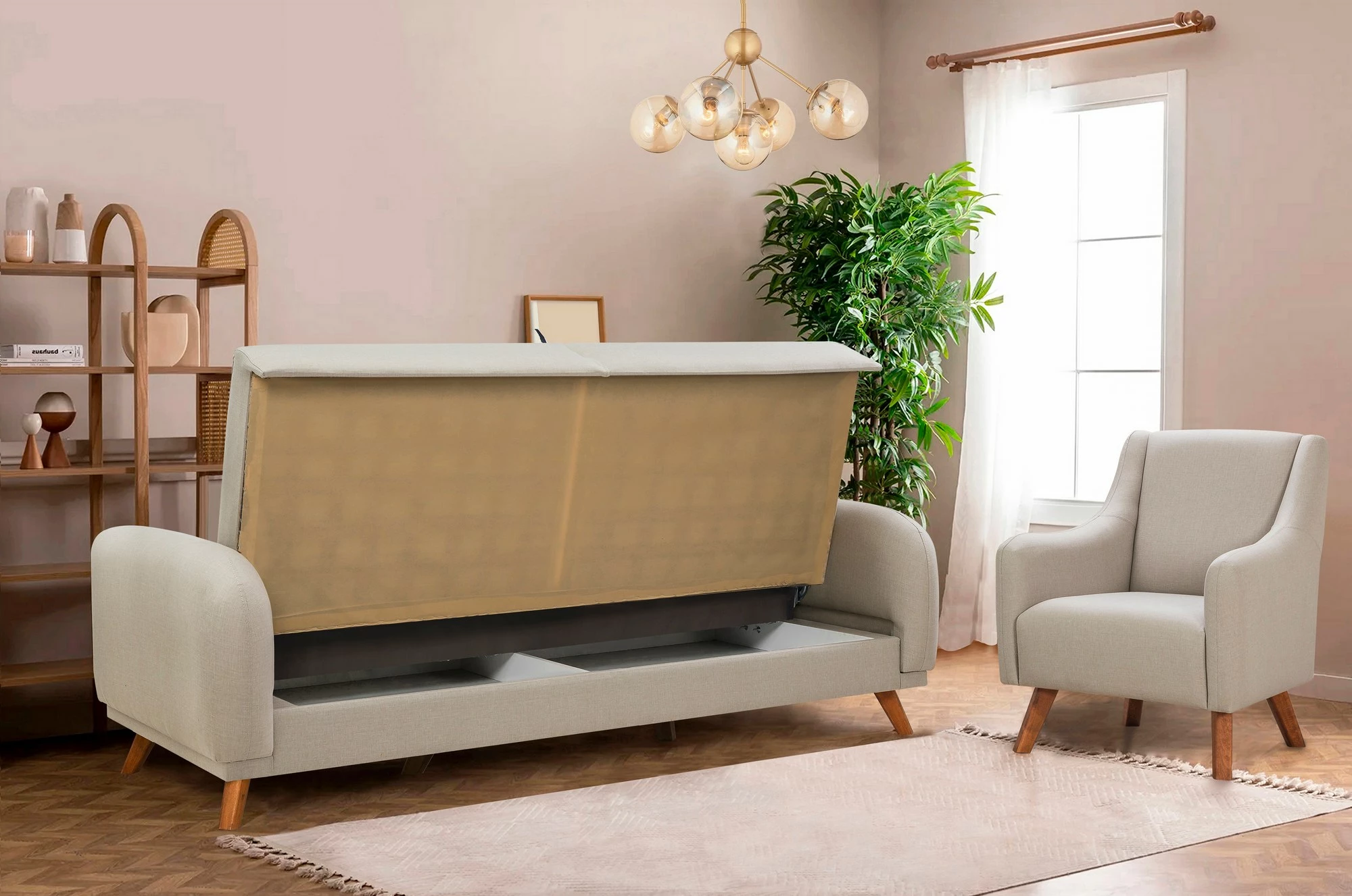 Set divan-krevat Hera, karrige krahu, ngjyrë krem