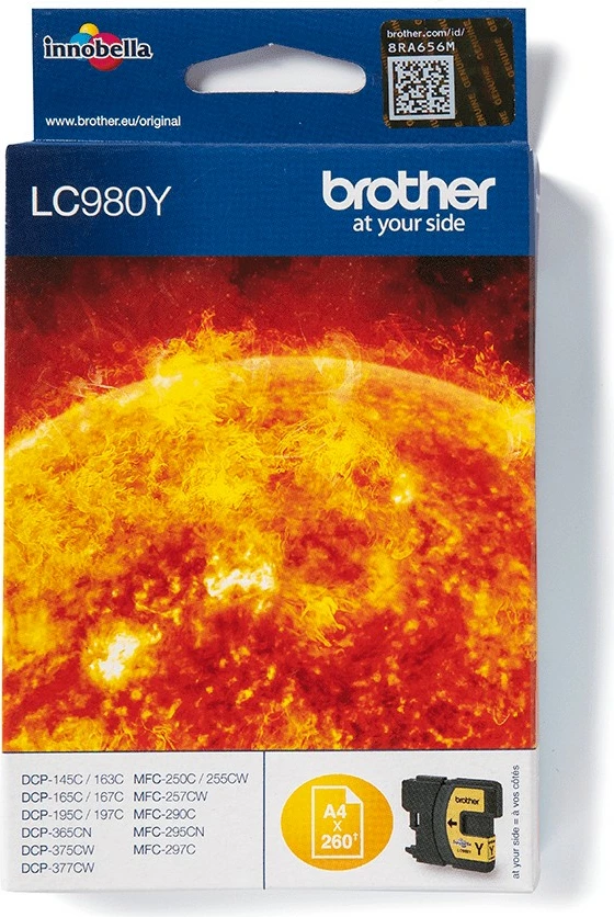 Kasetë ngjyrë Brother LC980Y, 260 faqe, Ngjyrë Verdhë