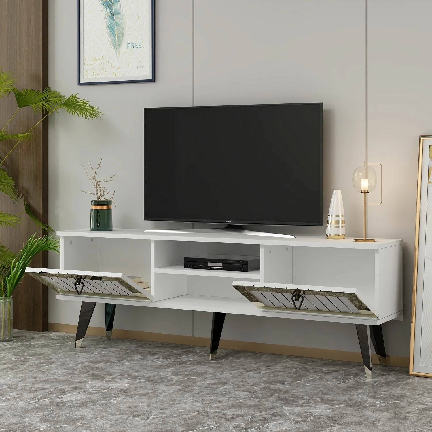 Komodë për TV Skye Decor, Lidya, e bardhë dhe ari