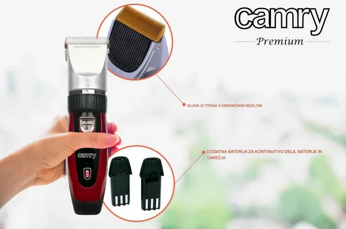 Makinë rroje për qime kafshësh CAMRY CR2821, 35W, USB, 4 krehra 3/6/9/12mm, me bateri shtesë, kuqe/zezë/argjendtë, set