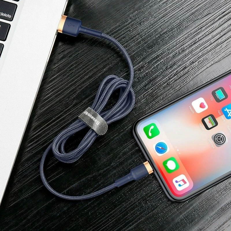 Kabllo Baseus Cafule USB në Lightning, 2m, Ari + Kaltër e errët
