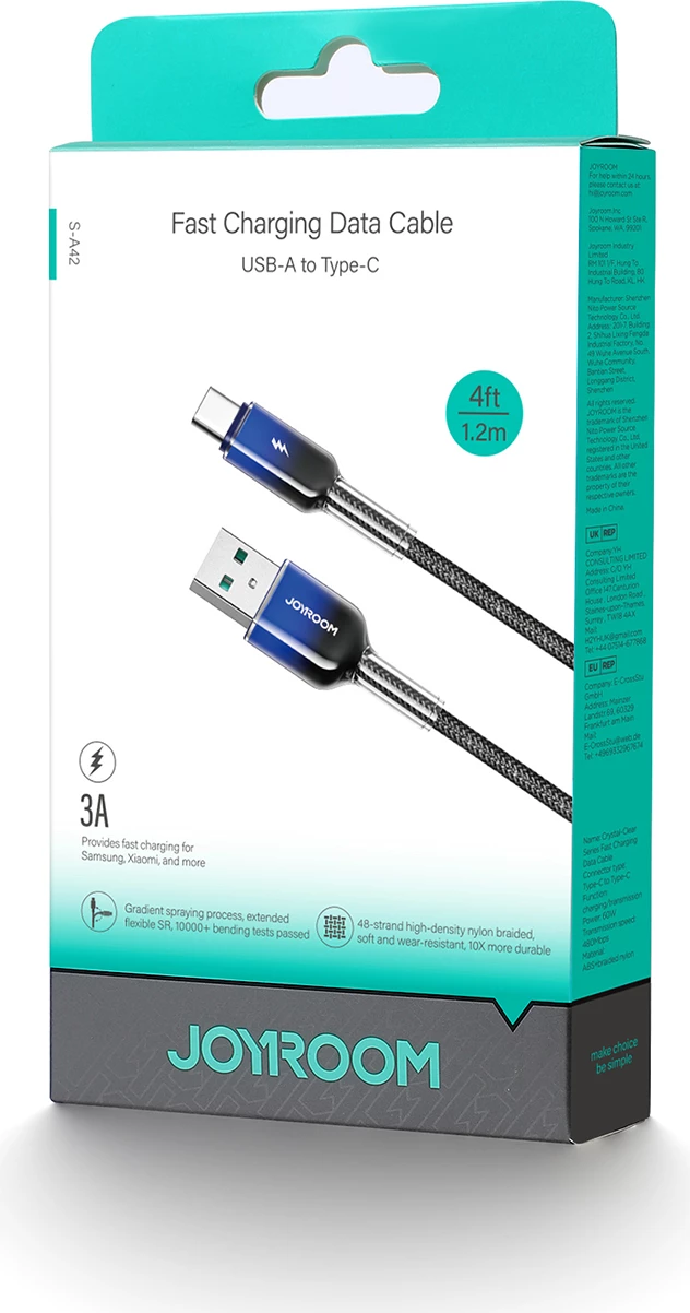Kabllo Joyroom S-A42 Crystal-Clear Series, USB-A në USB-C, 1.2m, 3A, e zezë