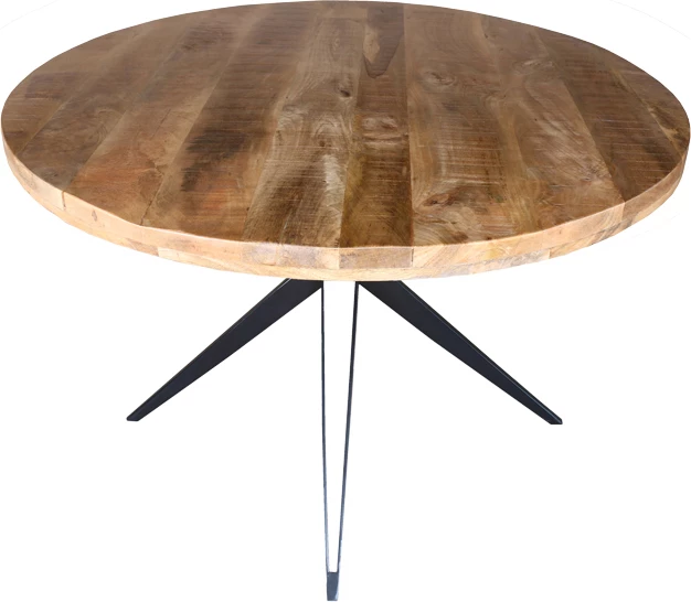 Tavolinë e rrumbullakët Bocco dru mango natyral 3cm me këmbë metalike të zeza D120x77cm