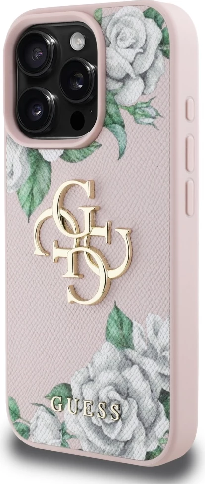 Mbështjellës Guess Grained Roses Big 4G logo për iPhone 16 Pro, Rozë