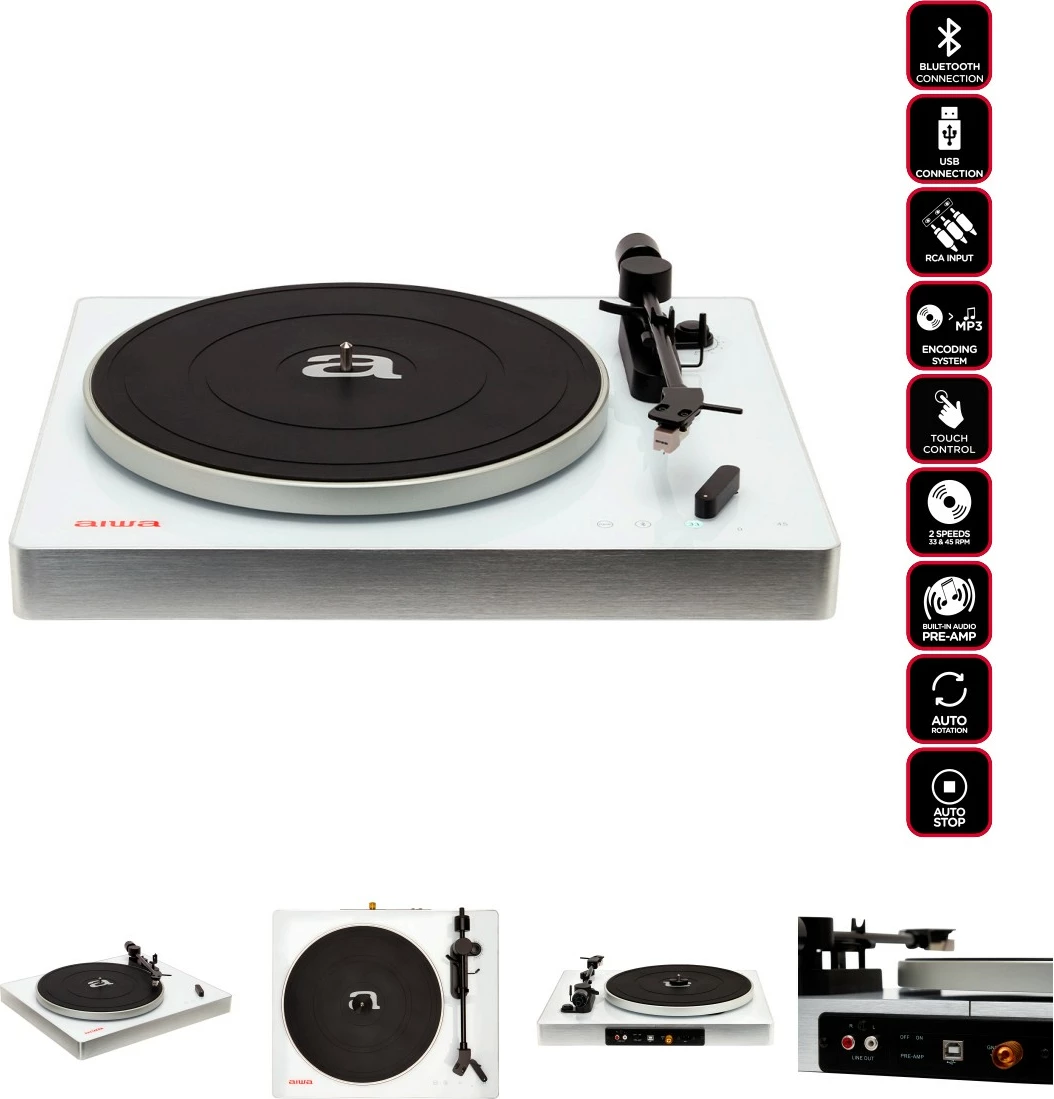 Gramafon Aiwa APX-680BT/WT, Bluetooth, USB për regjistrim, 33 1/3 & 45 RPM, belt-drive, i bardhë