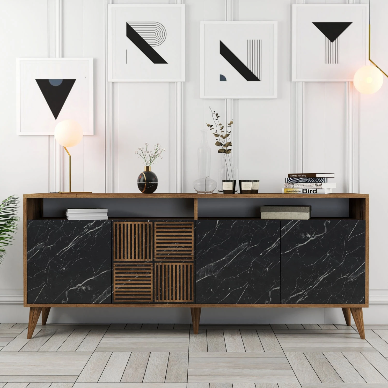 Bufe melamine FH9431.05 ngjyrë arre me dyer pamje mermeri të zi 180x35x78.6H cm