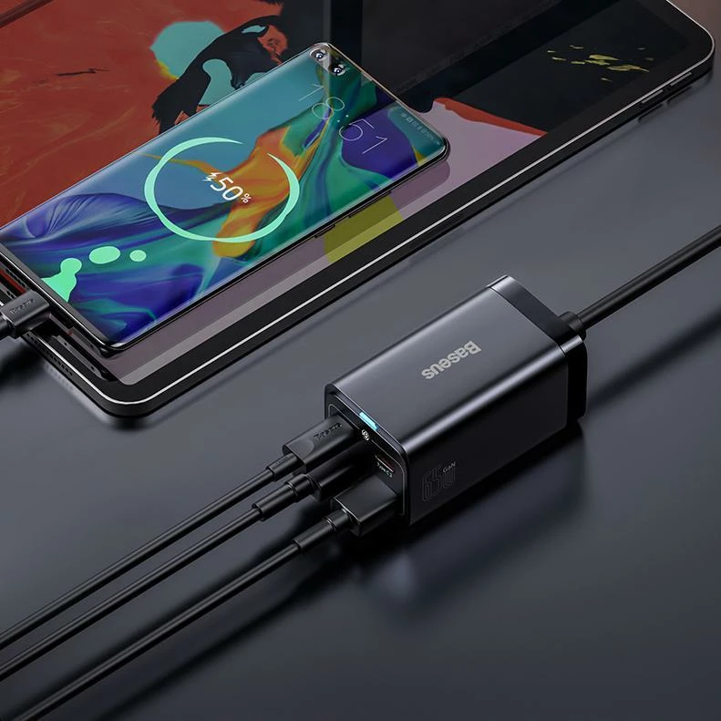 Karikues Baseus GaN3 Pro CCDK65E 65W 2x USB-C 2x USB-A me kabllo USB-C në USB-C 1m, i zi (CCGP040101)